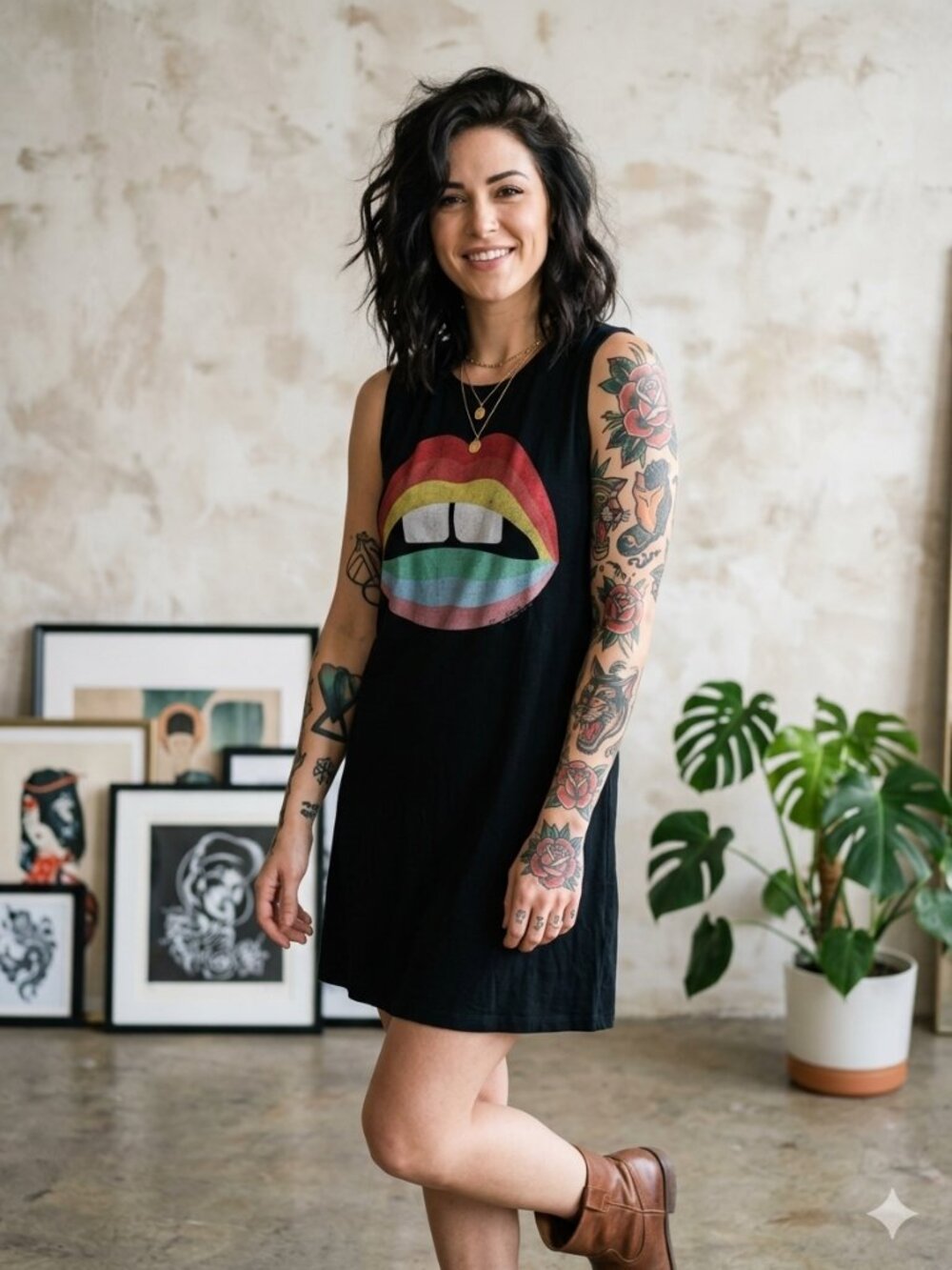Lauren Moshi Deanna Rainbow Gap Mouth Graphic Tank Mini Dress Black Small
